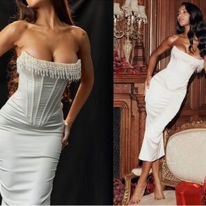 House of CB Nalita Vintage Cream Embellished Strapless Midi Dress